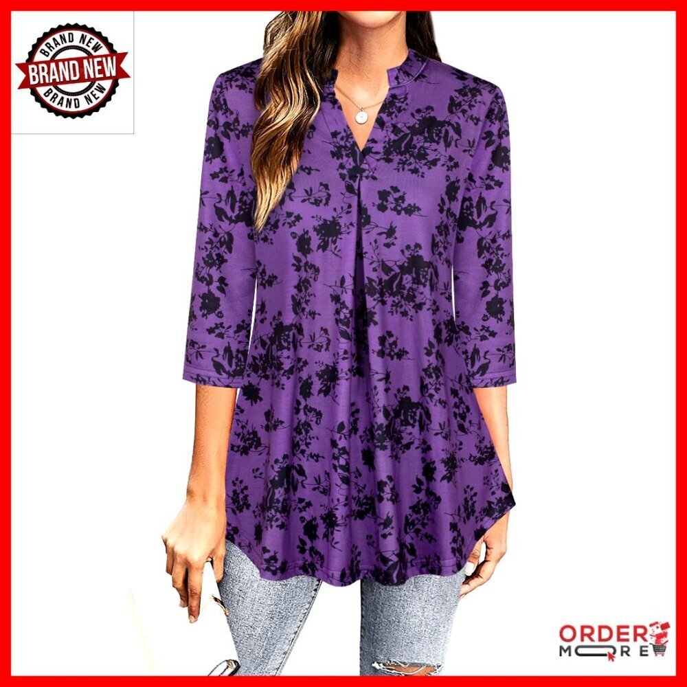 3/4 Sleeve V-Neck Blouse, Polyester Spandex, Business Casual Tunic Top